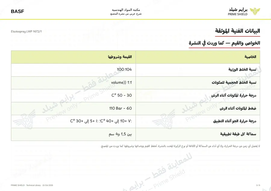 Page 3 of 18 — Elastospray LWP 1672/1 — Arabic explanation