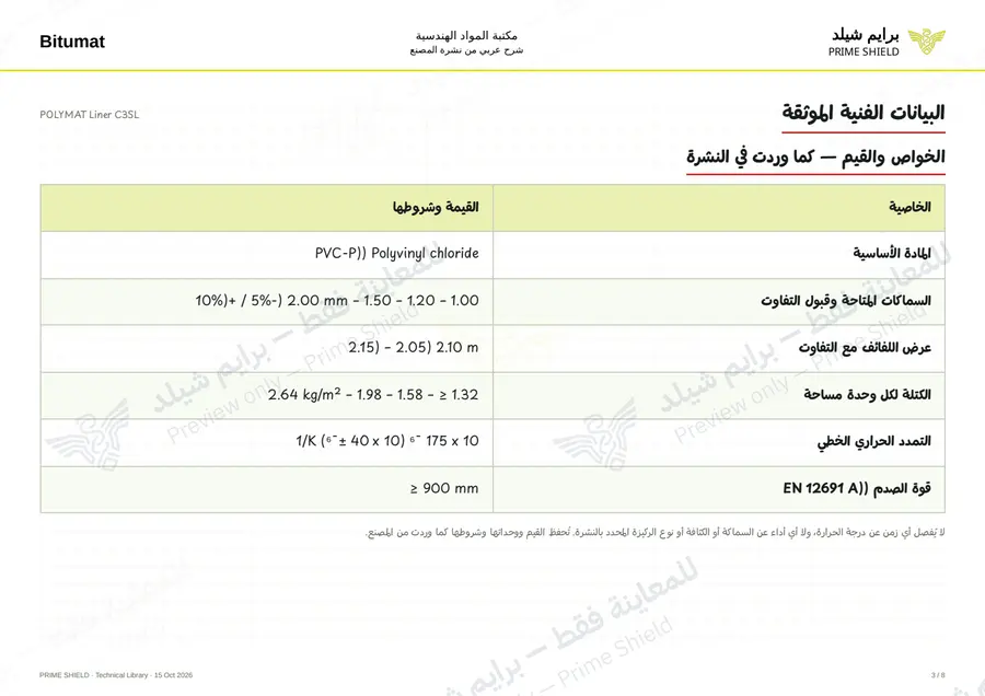 Page 3 of 10 — POLYMAT Liner C3SL — Arabic explanation
