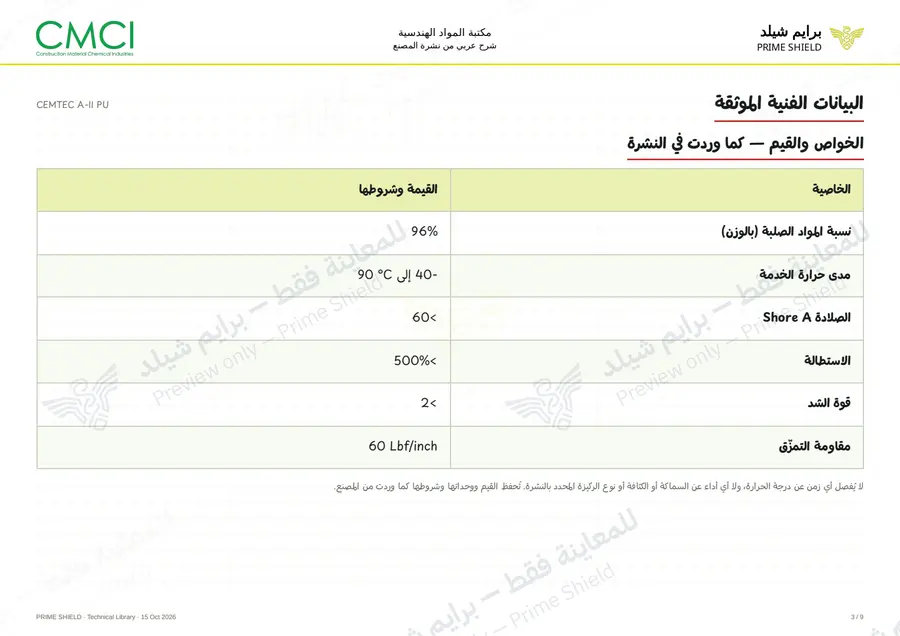 الصفحة 3 من 11 — CEMTEC A-II PU — الشرح العربي