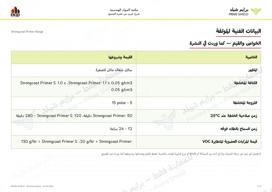 الصفحة 3 من 11 — Strongcoat Primer Range — الشرح العربي