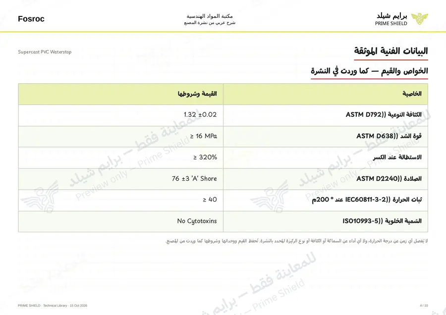 الصفحة 4 من 14 — Supercast PVC Waterstop — الشرح العربي
