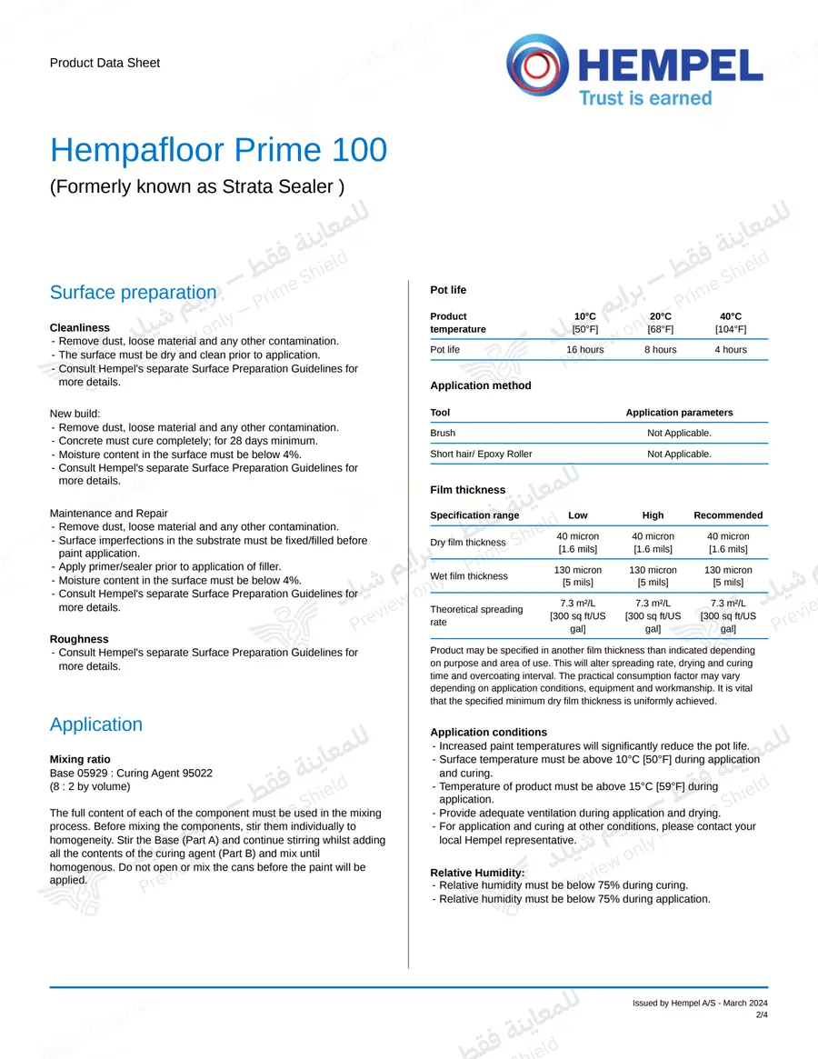 الصفحة 10 من 12 — Hempafloor Prime 100 — النشرة الرسمية (EN)