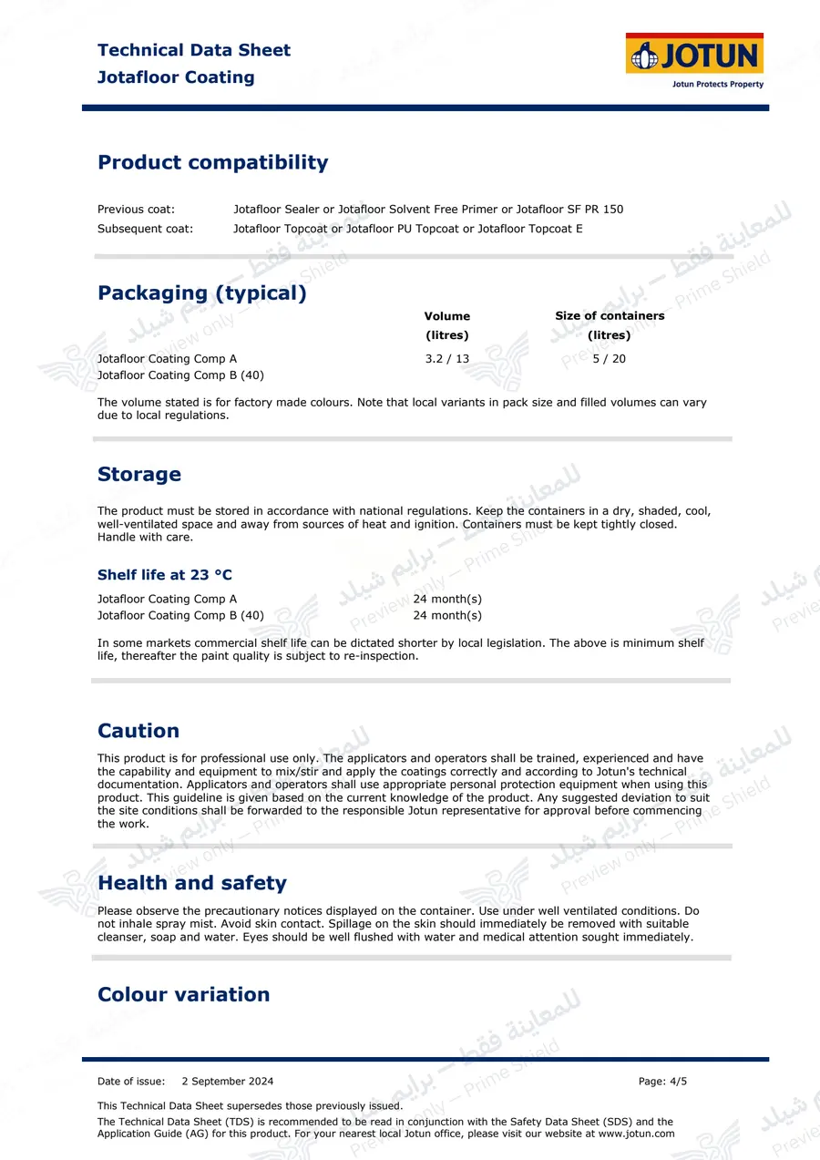 الصفحة 14 من 15 — Jotafloor Coating — النشرة الرسمية (EN)