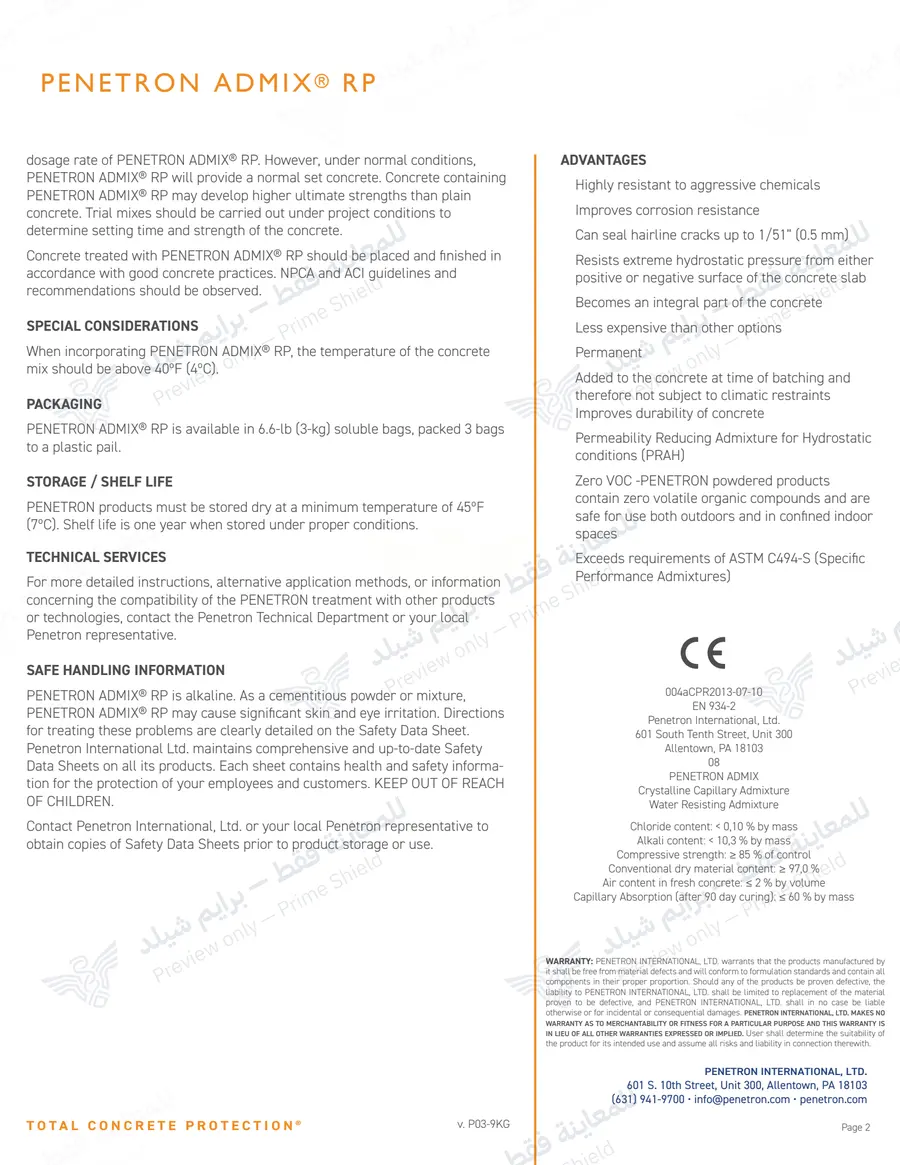 الصفحة 11 من 11 — Penetron Admix RP — النشرة الرسمية (EN)