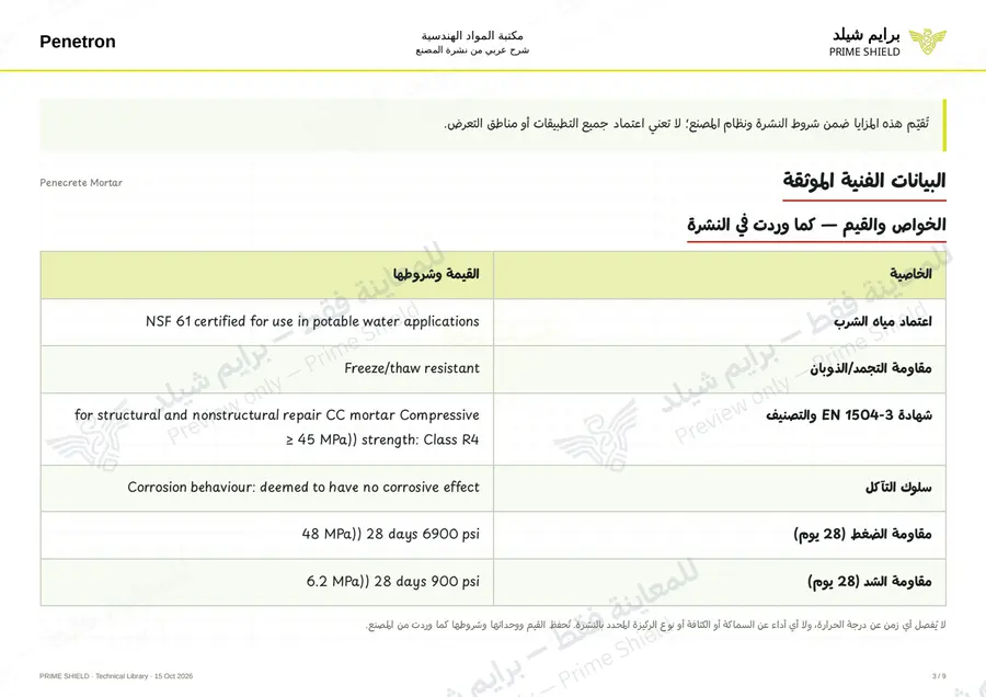 الصفحة 3 من 13 — Penecrete Mortar — الشرح العربي