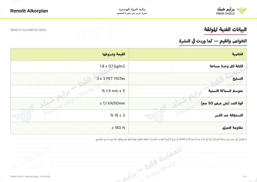 الصفحة 3 من 9 — RENOLIT ALKORPLAN 3000 — الشرح العربي