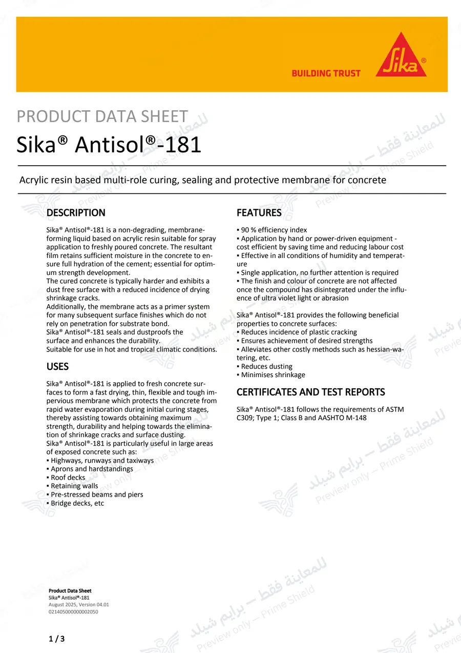 الصفحة 9 من 11 — Sika Antisol-181 — النشرة الرسمية (EN)