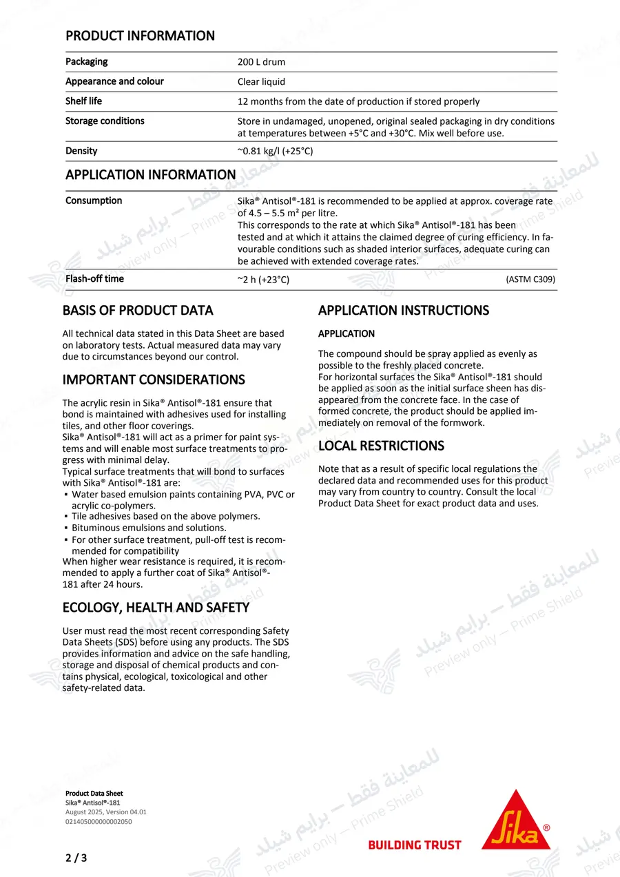 الصفحة 10 من 11 — Sika Antisol-181 — النشرة الرسمية (EN)