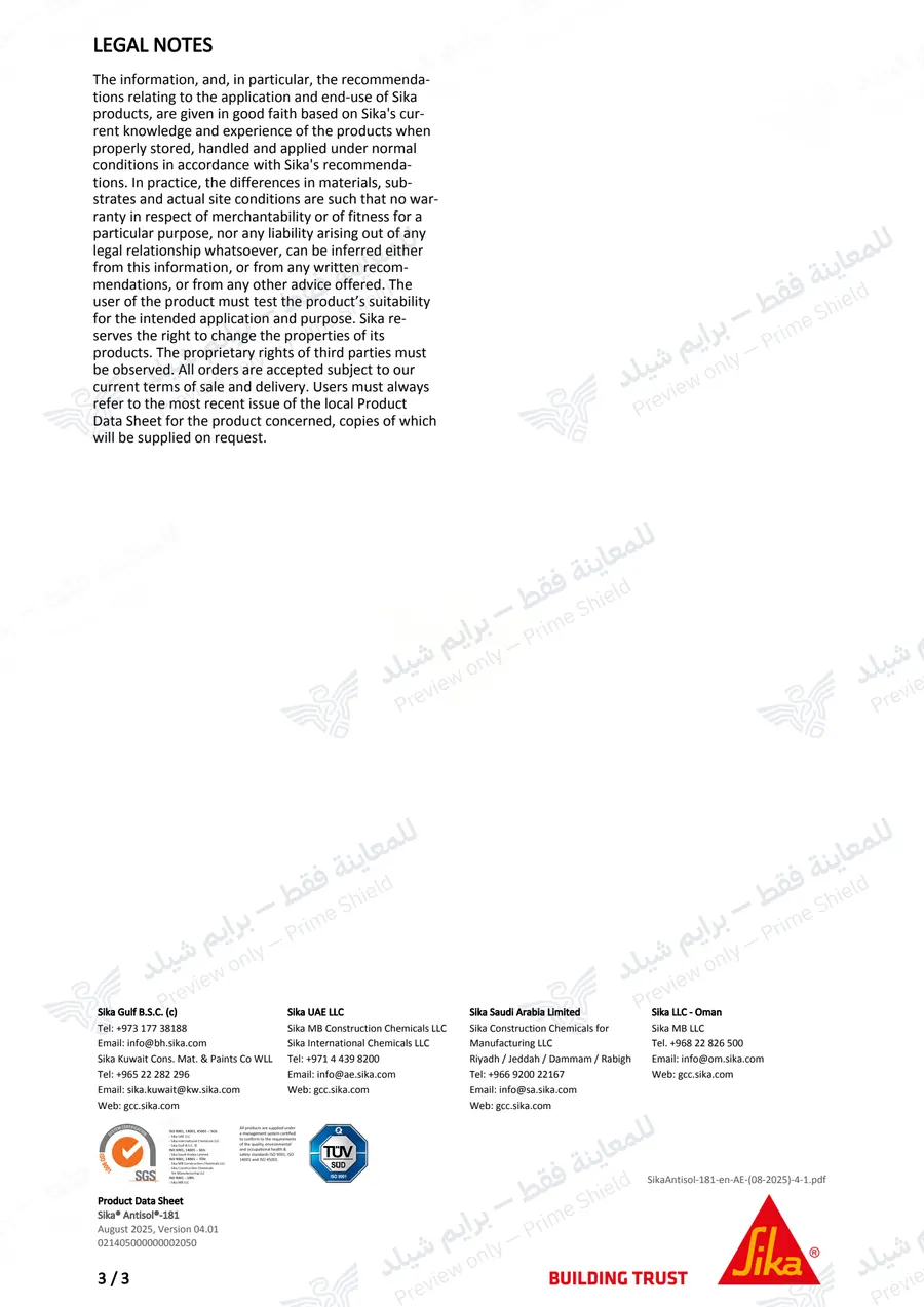 الصفحة 11 من 11 — Sika Antisol-181 — النشرة الرسمية (EN)