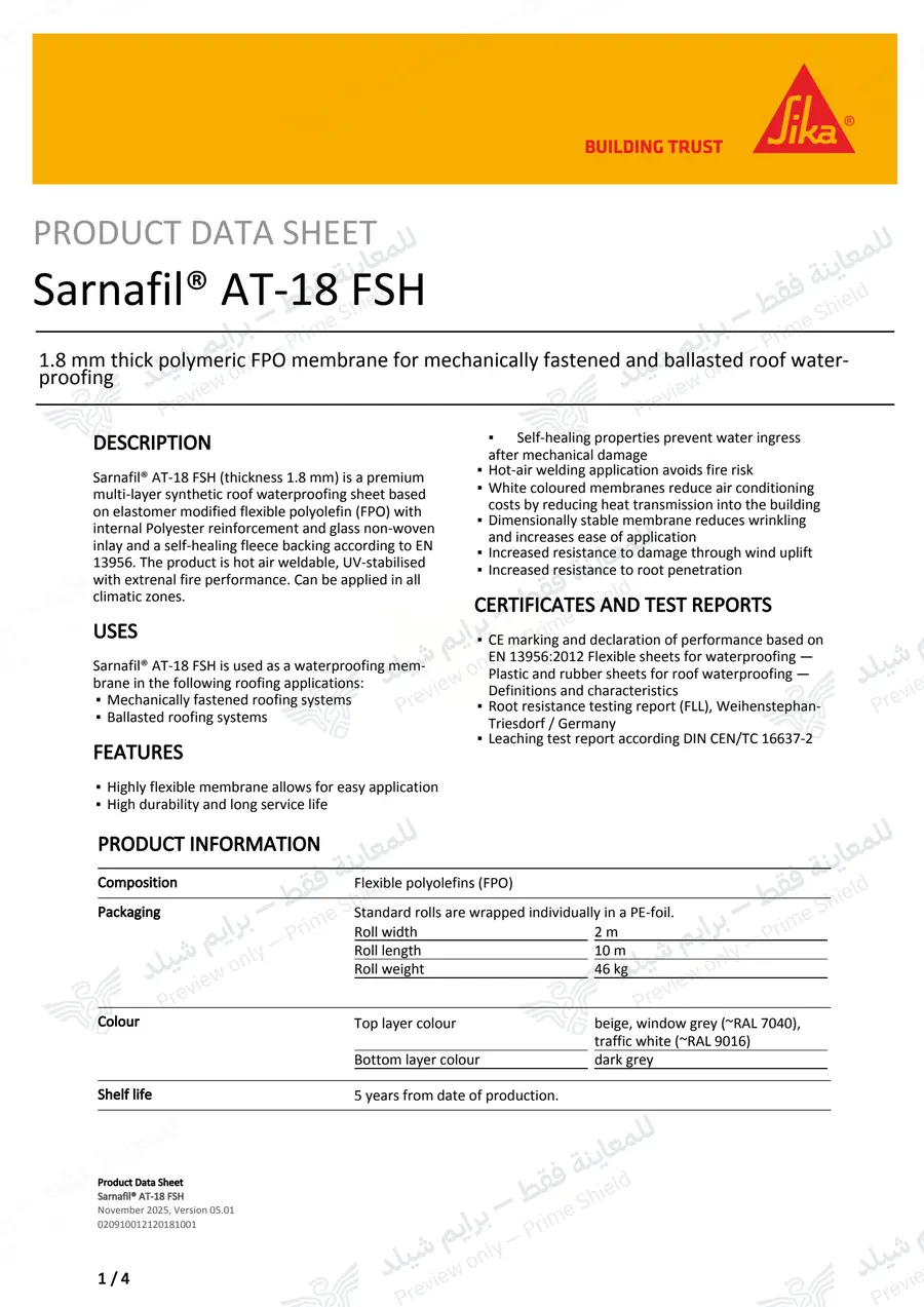 الصفحة 10 من 13 — Sarnafil AT-18 FSH — النشرة الرسمية (EN)