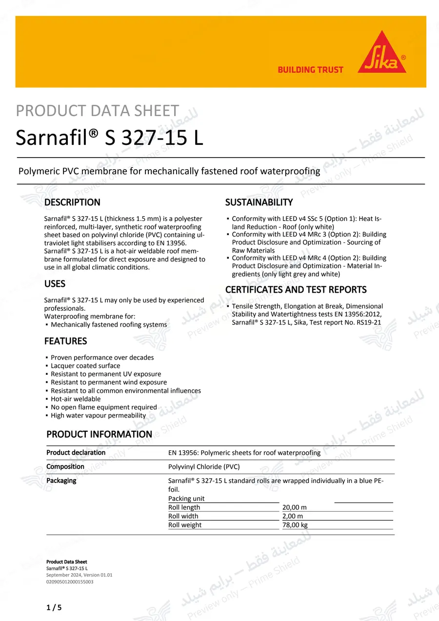 الصفحة 11 من 15 — Sarnafil S 327-15 L — النشرة الرسمية (EN)
