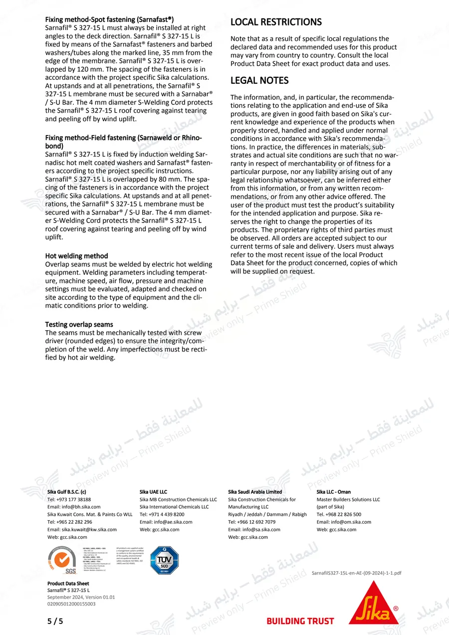 الصفحة 15 من 15 — Sarnafil S 327-15 L — النشرة الرسمية (EN)