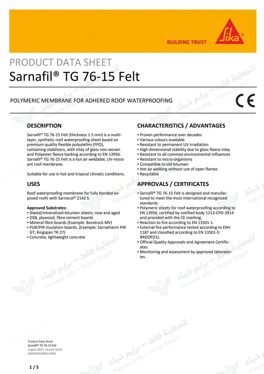 الصفحة 10 من 14 — Sarnafil TG 76-15 Felt — النشرة الرسمية (EN)