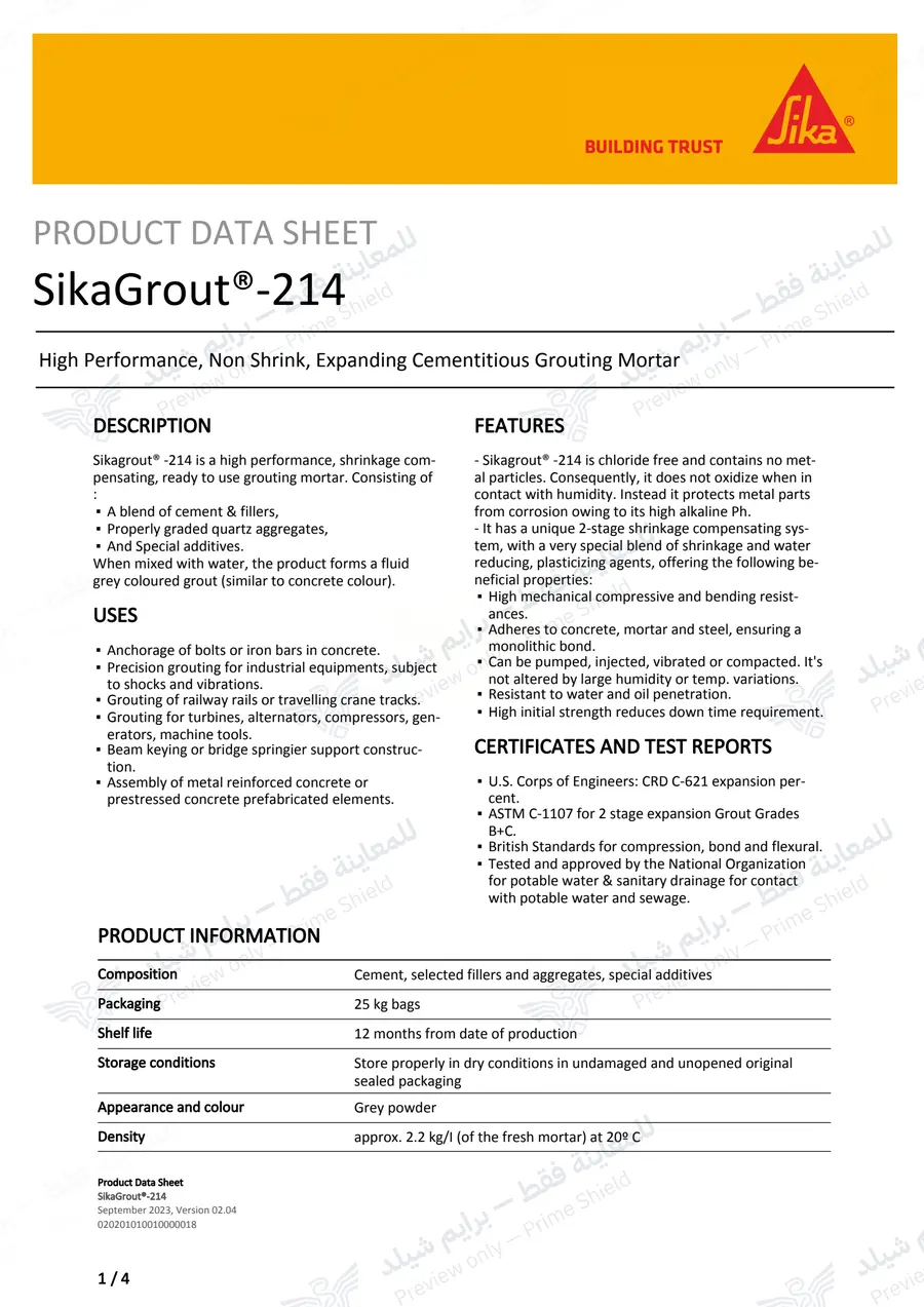 الصفحة 11 من 14 — SikaGrout-214 — النشرة الرسمية (EN)