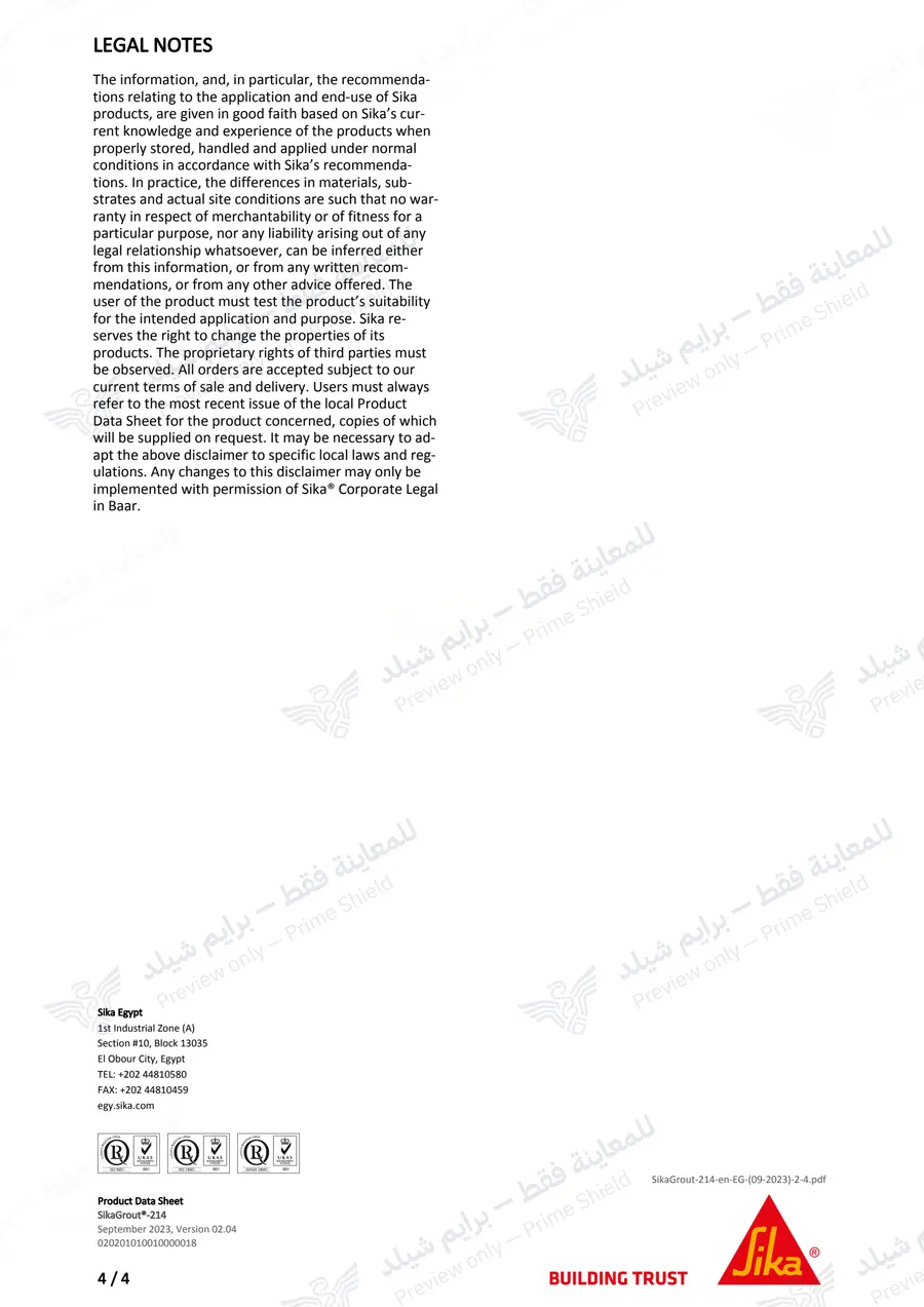 الصفحة 14 من 14 — SikaGrout-214 — النشرة الرسمية (EN)
