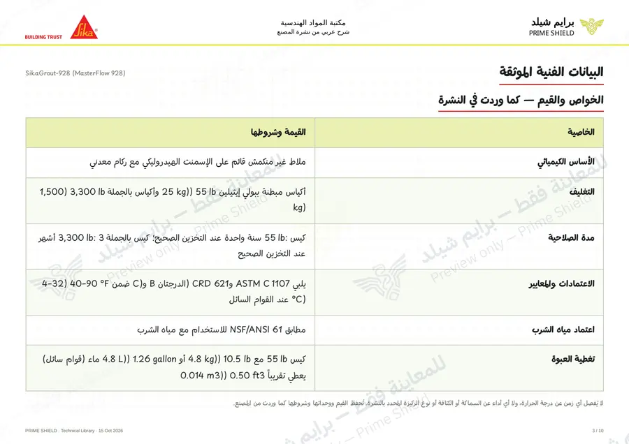 الصفحة 3 من 15 — SikaGrout-928 (MasterFlow 928) — الشرح العربي