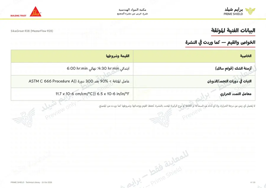 الصفحة 4 من 15 — SikaGrout-928 (MasterFlow 928) — الشرح العربي