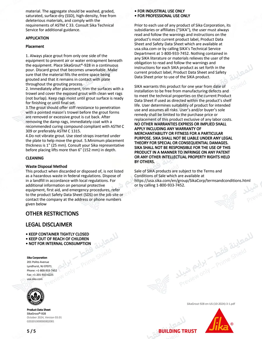 الصفحة 15 من 15 — SikaGrout-928 (MasterFlow 928) — النشرة الرسمية (EN)