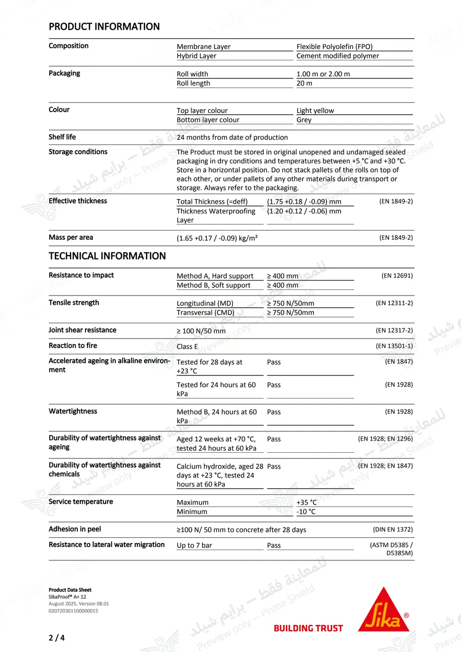 الصفحة 12 من 14 — SikaProof A+ 12 — النشرة الرسمية (EN)