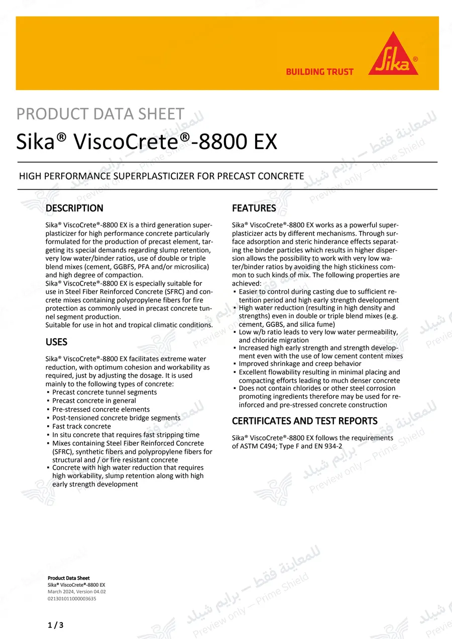 الصفحة 10 من 12 — Sika ViscoCrete-8800 EX — النشرة الرسمية (EN)