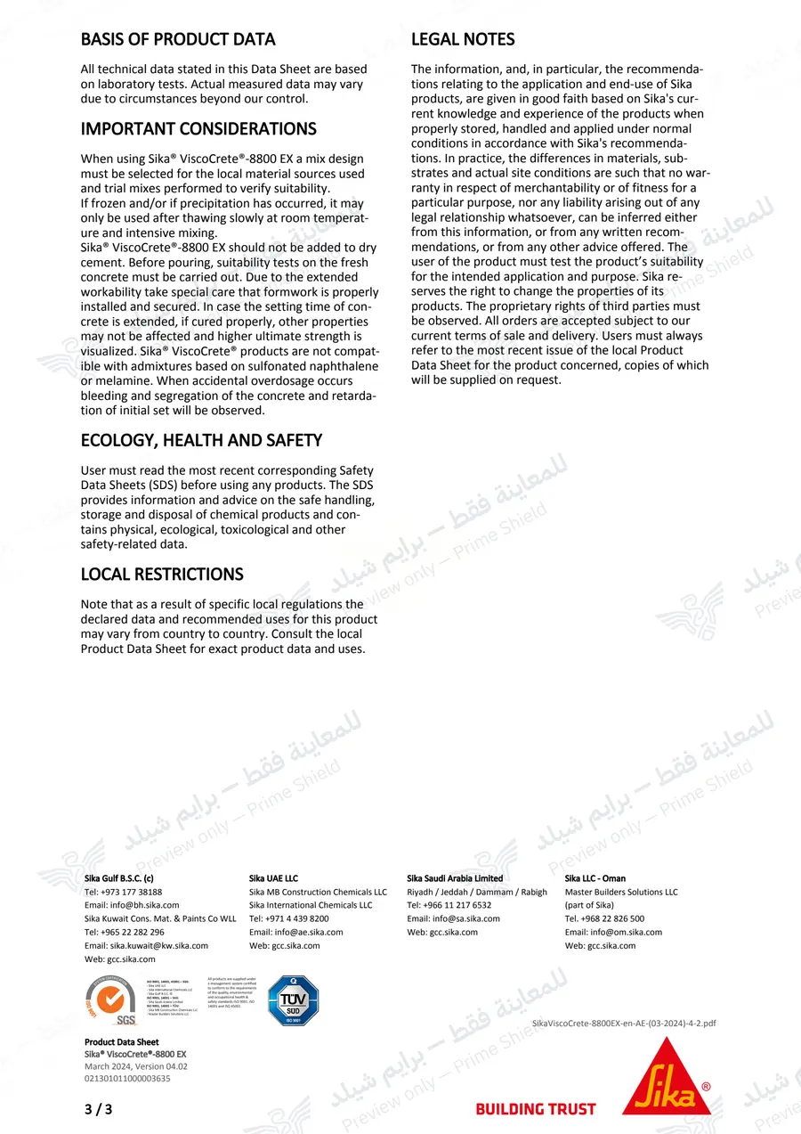الصفحة 12 من 12 — Sika ViscoCrete-8800 EX — النشرة الرسمية (EN)
