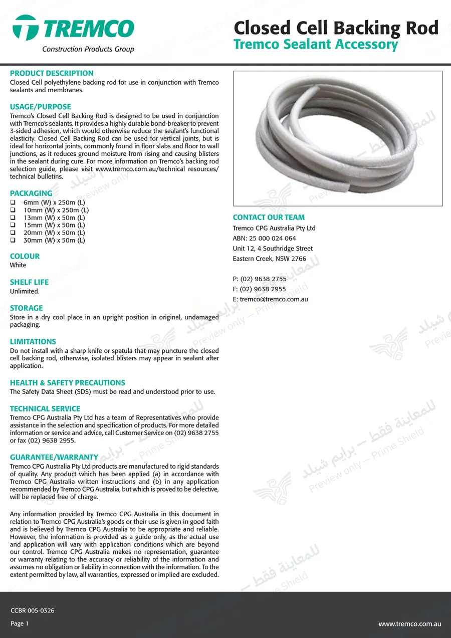 Page 8 of 8 — Closed Cell Backing Rod — Official sheet (EN)
