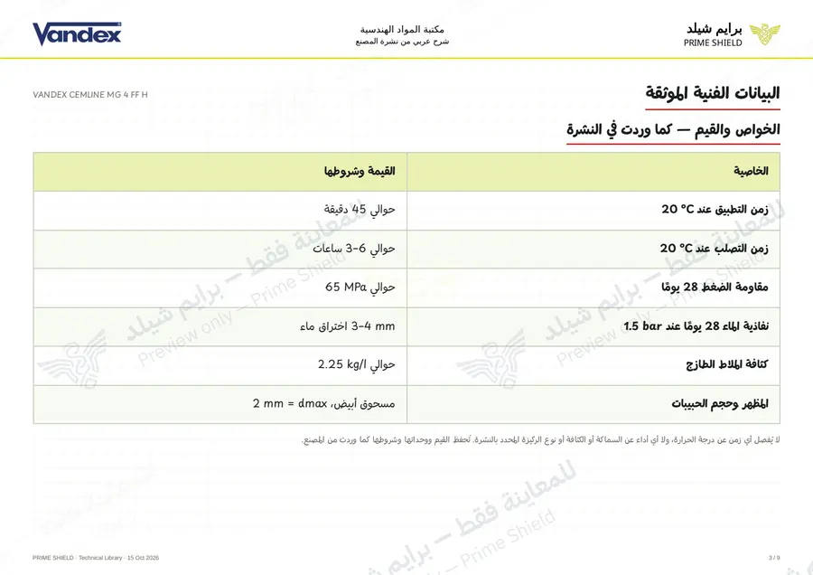 الصفحة 3 من 11 — VANDEX CEMLINE MG 4 FF H — الشرح العربي