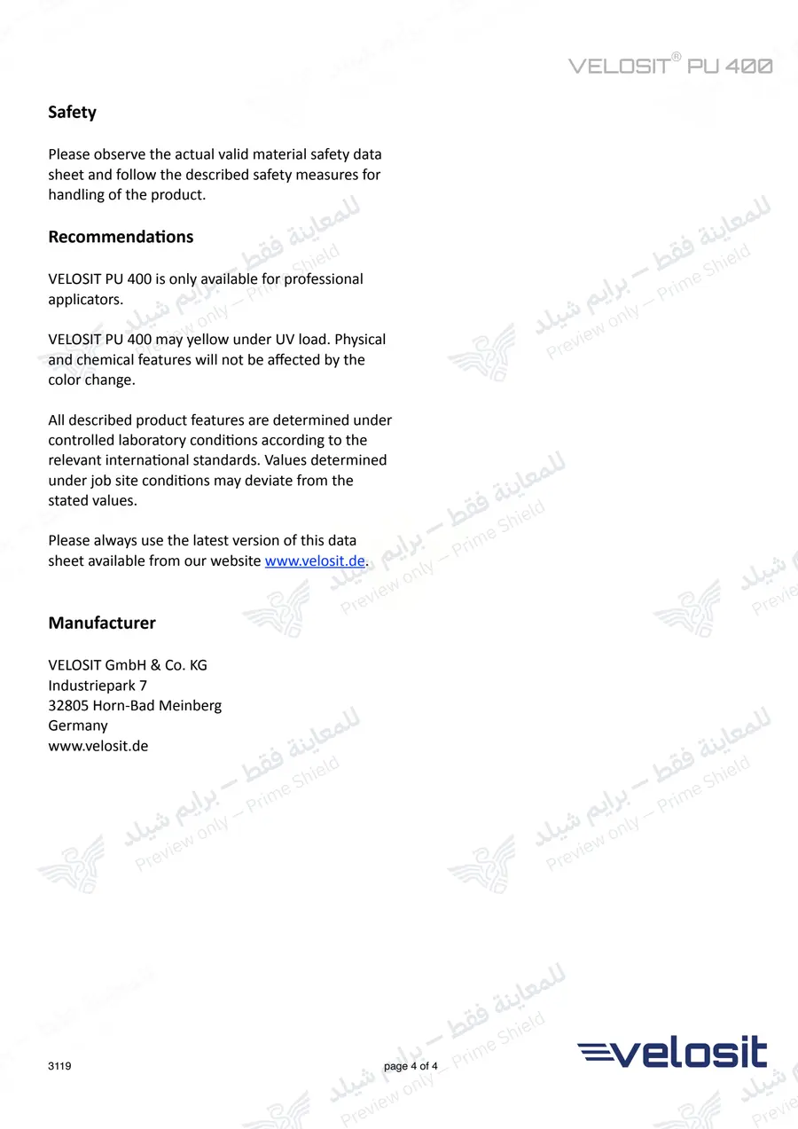 الصفحة 12 من 12 — VELOSIT PU 400 — النشرة الرسمية (EN)