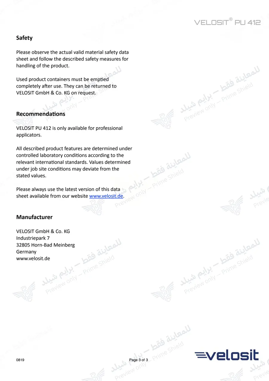 الصفحة 11 من 11 — VELOSIT PU 412 — النشرة الرسمية (EN)