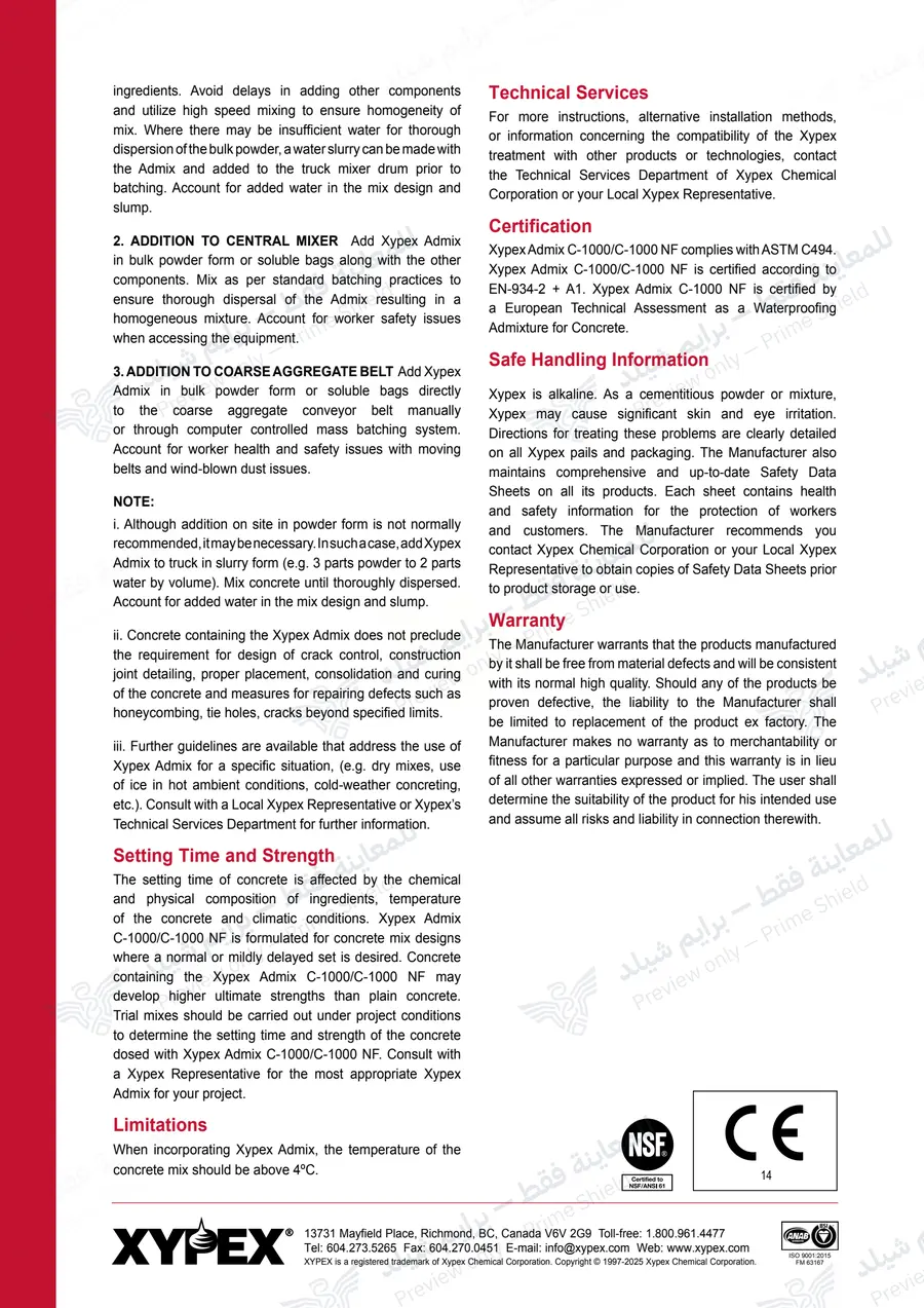 الصفحة 14 من 14 — Xypex Admix C-1000 — النشرة الرسمية (EN)