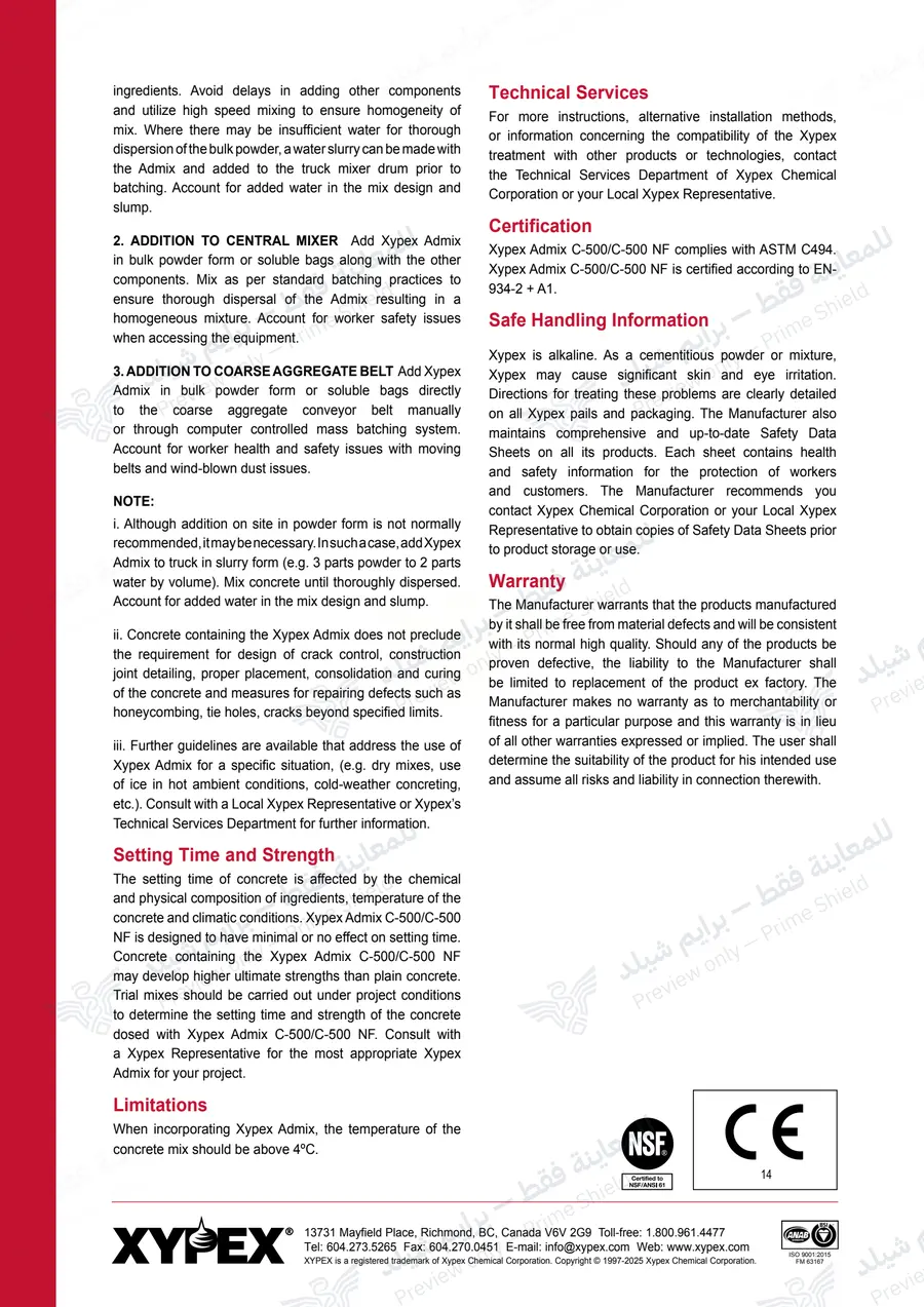 الصفحة 14 من 14 — Xypex Admix C-500 — النشرة الرسمية (EN)