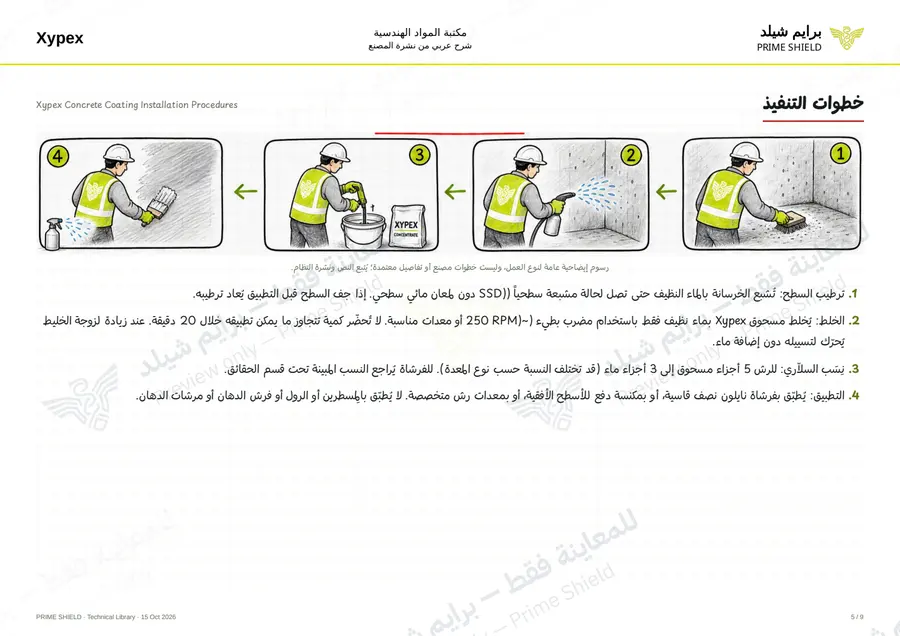الصفحة 5 من 12 — Xypex Concrete Coating Installation Procedures — الشرح العربي