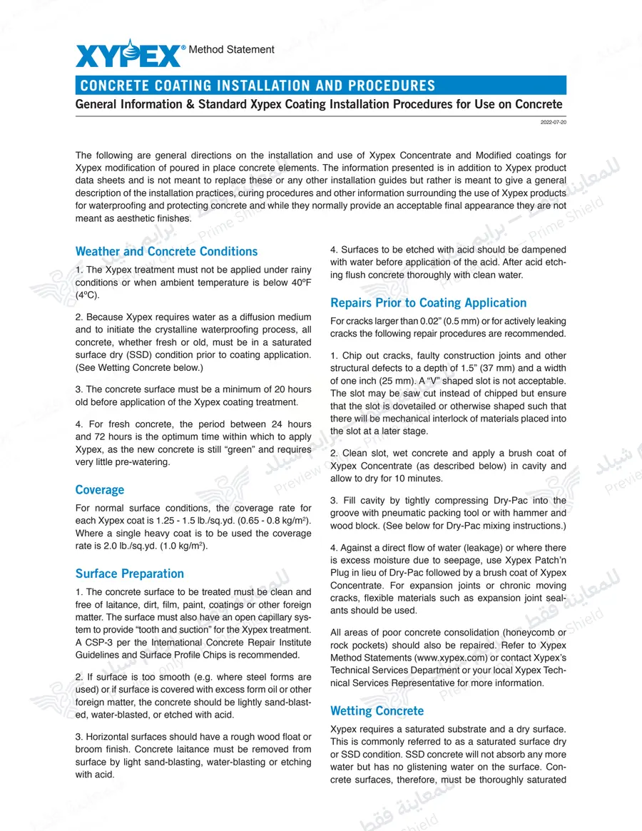 الصفحة 10 من 12 — Xypex Concrete Coating Installation Procedures — النشرة الرسمية (EN)