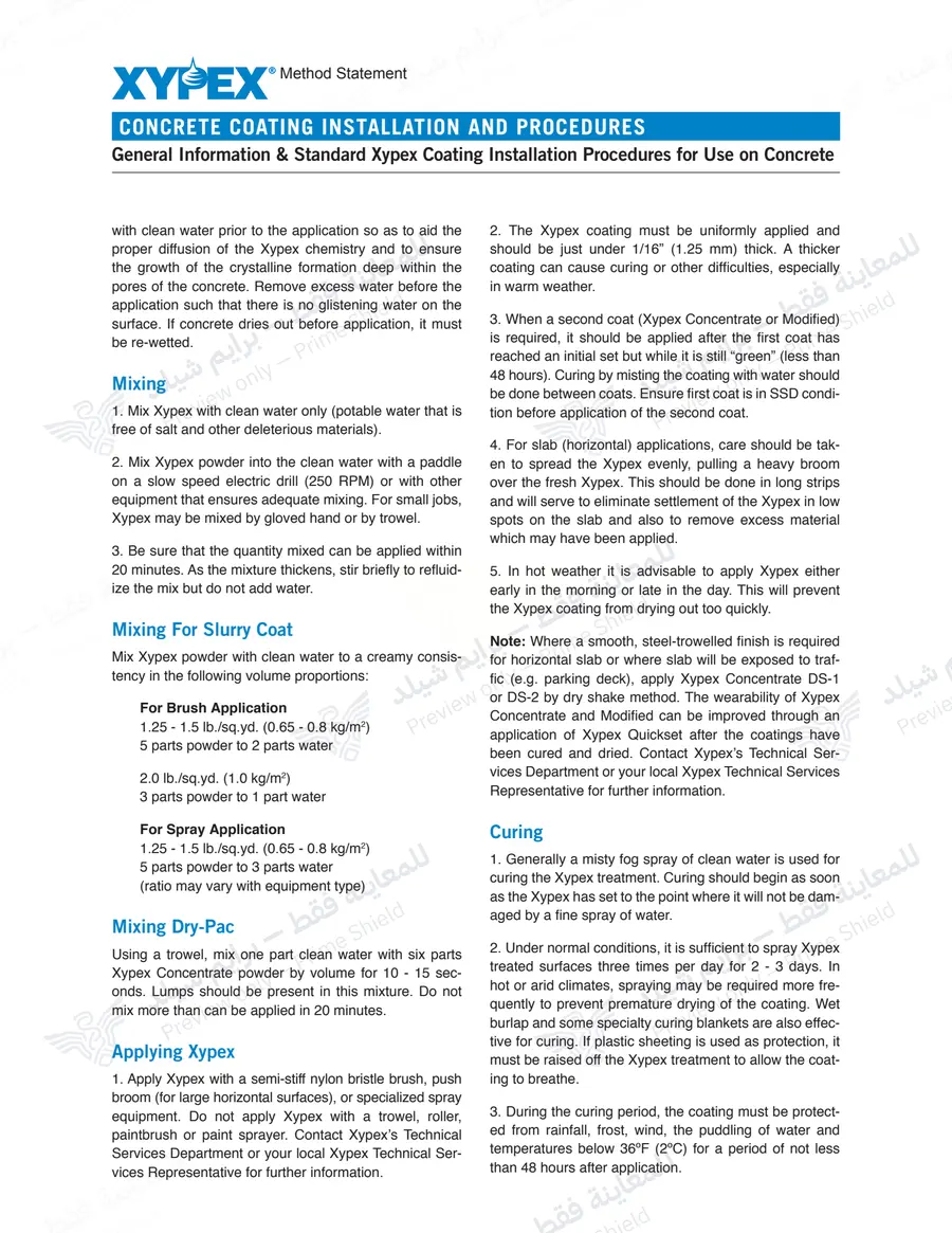 الصفحة 11 من 12 — Xypex Concrete Coating Installation Procedures — النشرة الرسمية (EN)
