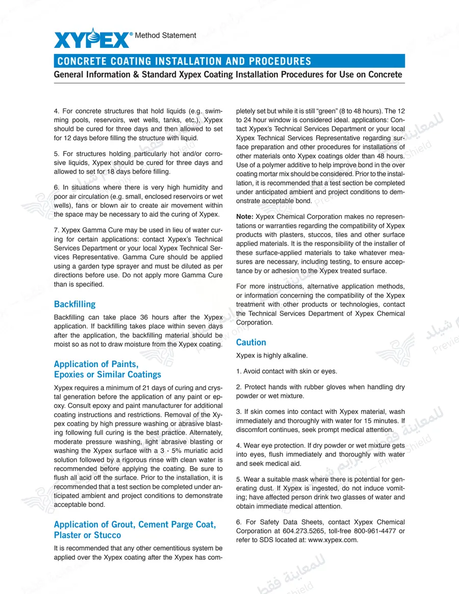 الصفحة 12 من 12 — Xypex Concrete Coating Installation Procedures — النشرة الرسمية (EN)