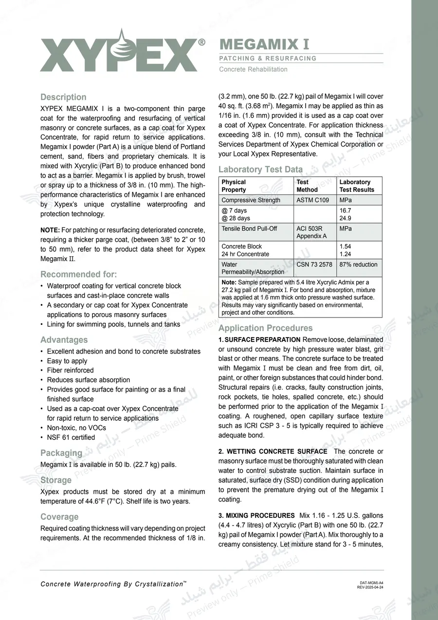 Page 10 of 11 — Xypex Megamix I — Official sheet (EN)