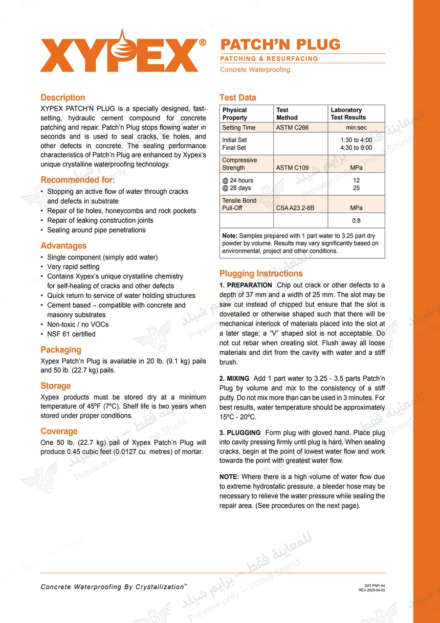 Page 10 of 11 — Xypex Patch'n Plug — Official sheet (EN)