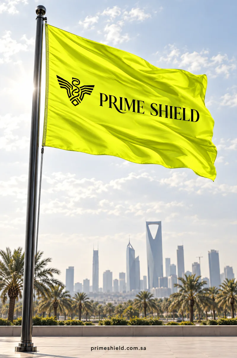 The lime Prime Shield flag waving by day over the Riyadh skyline and Kingdom Centre
