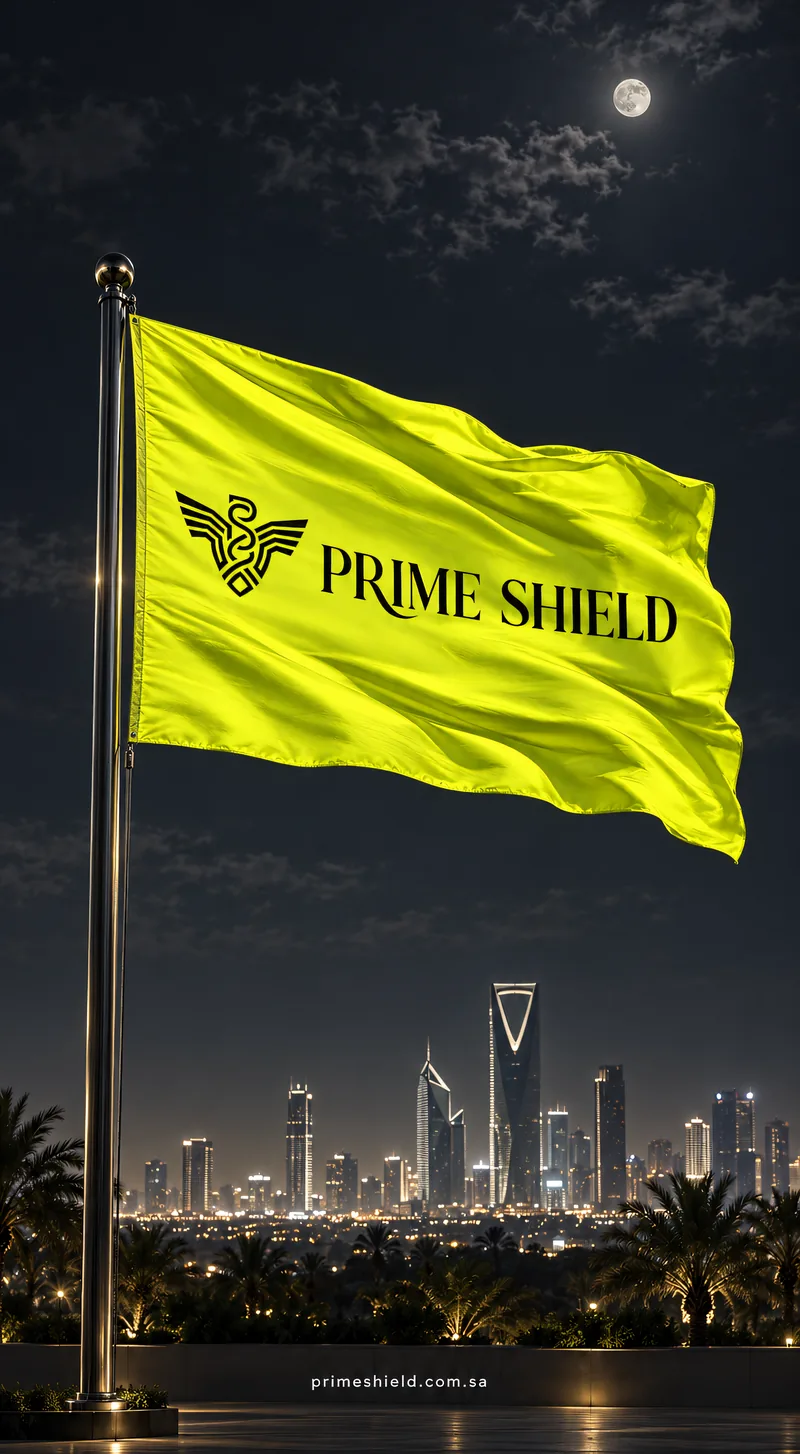 The lime Prime Shield flag waving at night over the Riyadh skyline and Kingdom Centre under the moon