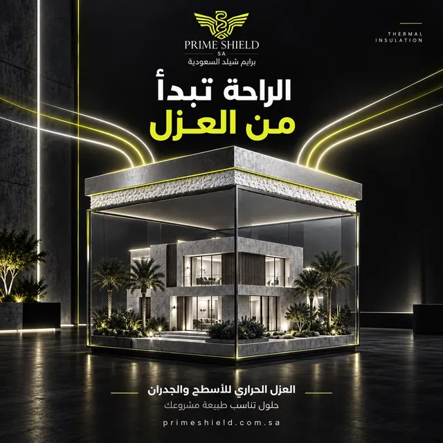 ملصق حملة برايم شيلد «الراحة تبدأ من العزل»: فيلا داخل غلاف زجاجي مضيء — العزل الحراري للأسطح والجدران