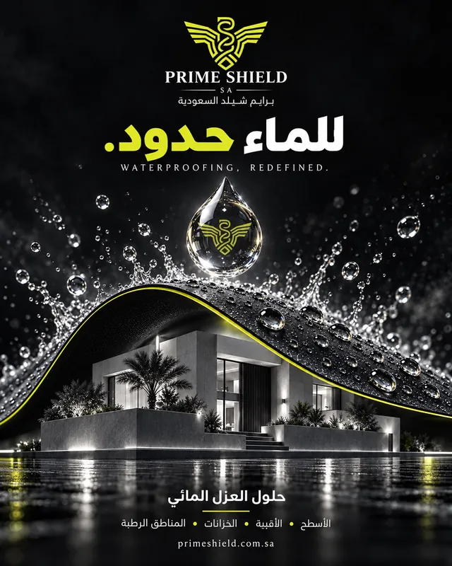 Prime Shield campaign poster “Water has limits.”: a water drop over a villa at night — waterproofing solutions