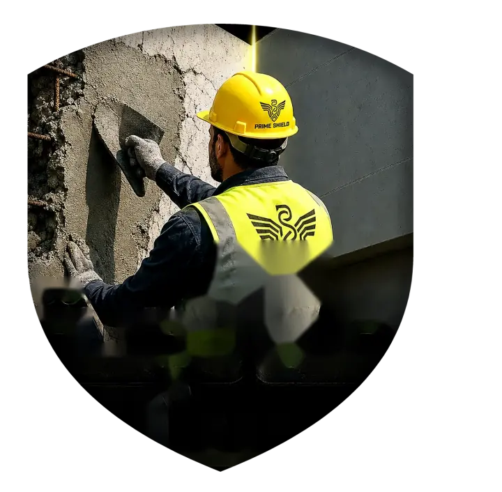 Illustration: a technician repairing damaged concrete on a column
