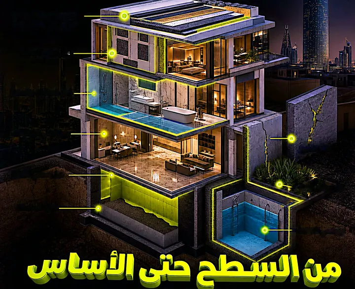 مقطع في مبنى يوضح مواضع أنظمة العزل من السطح حتى الأساس